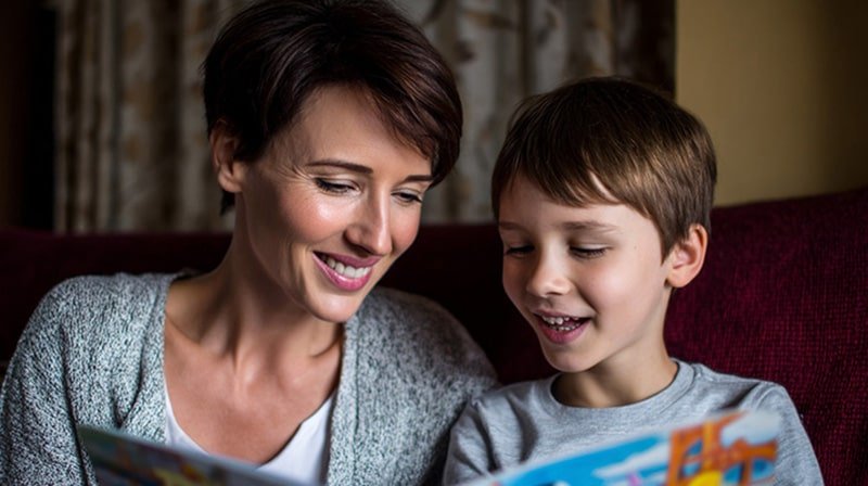 Mamma e figlio leggono insieme libro sul basket